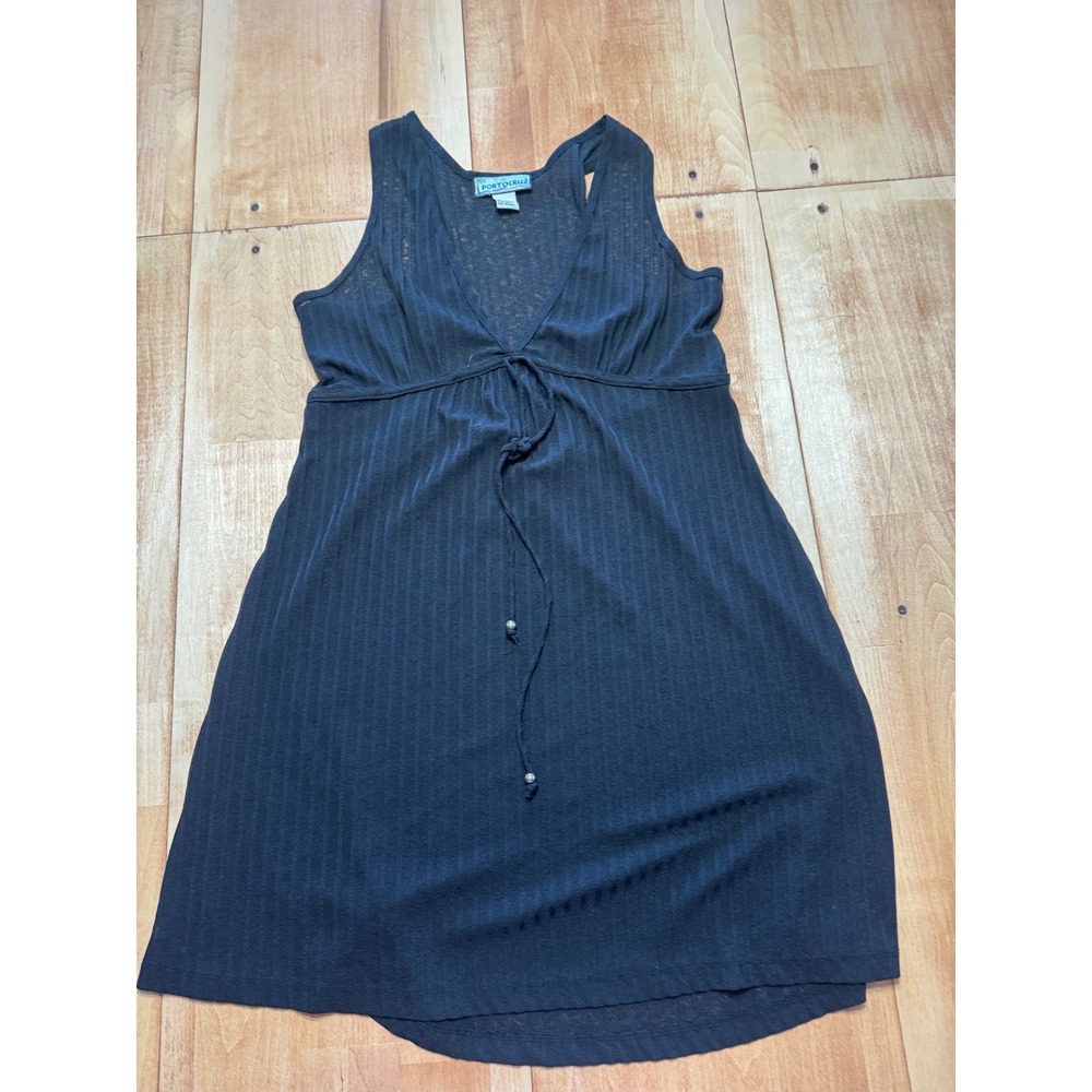 Portocruz Womens Black Ribbed V-Neck Tie Front Sleeveless Coverup Dress Medium